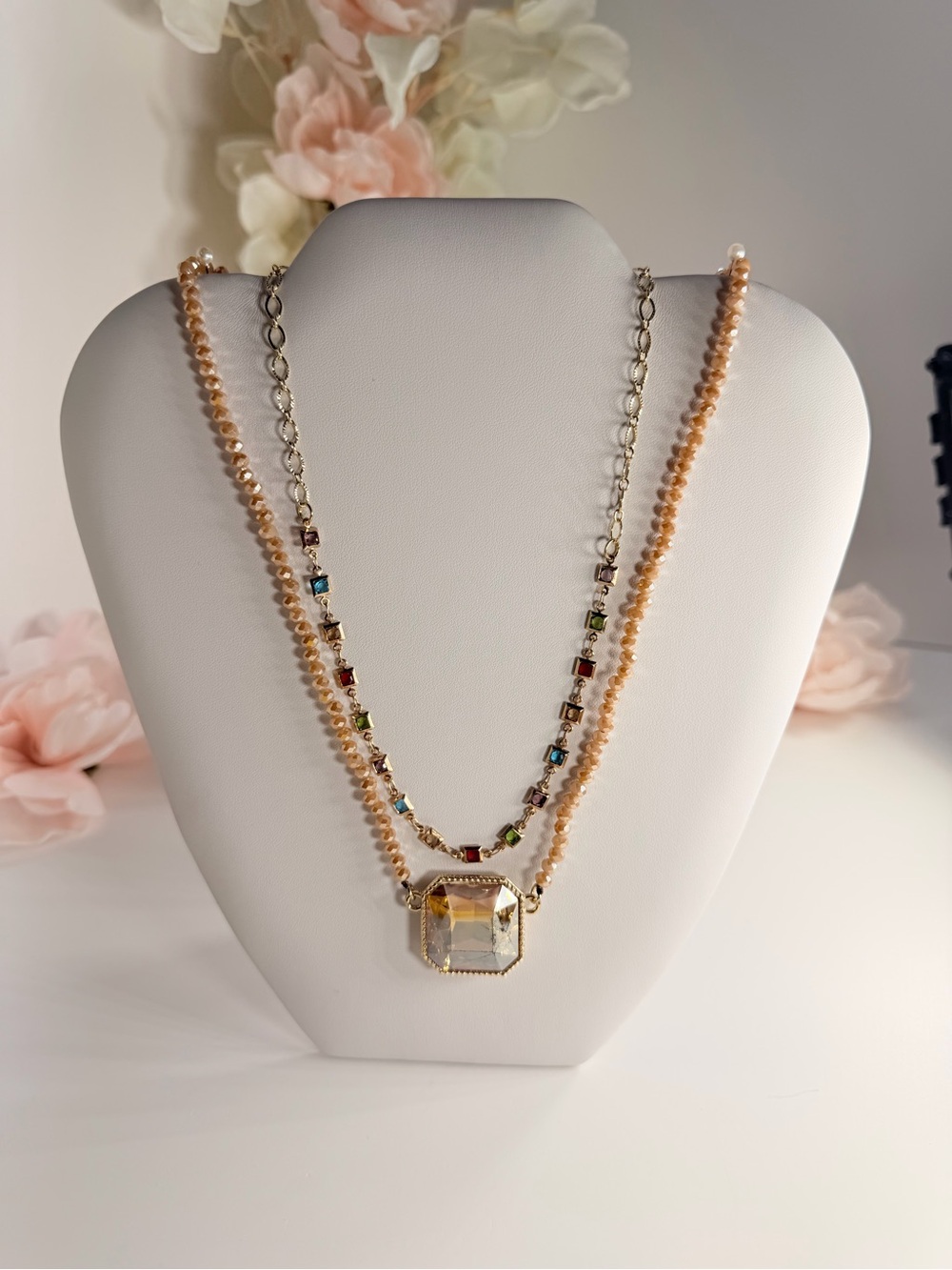 Delicate Peach Pearl Layered Necklace with Crystal Pendant